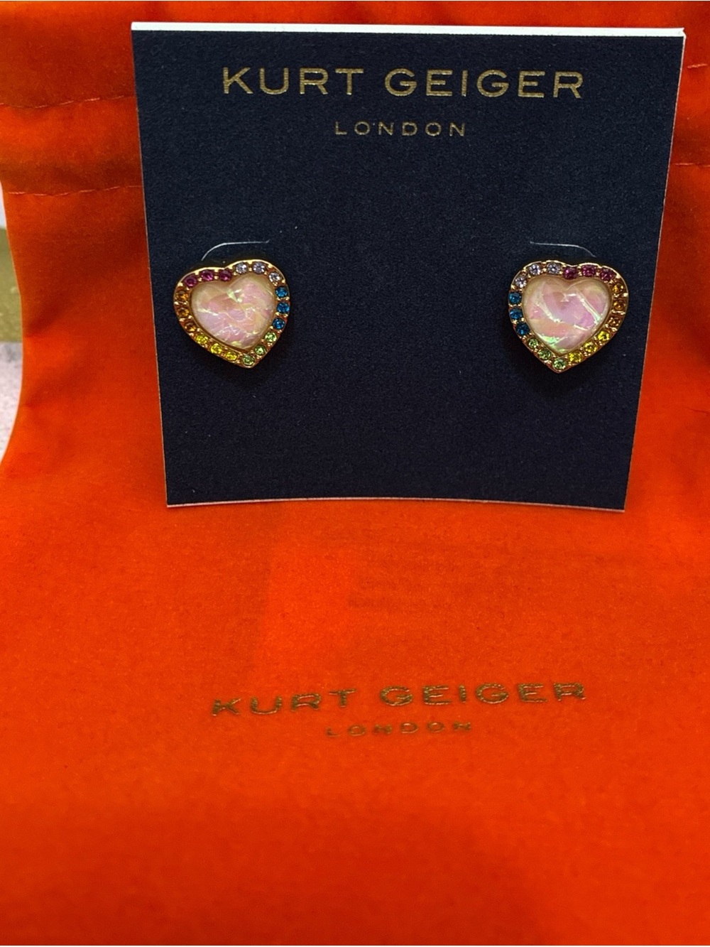 Kurt Geiger London Rainbow Crystal Heart Stud Earrings Gold Tone